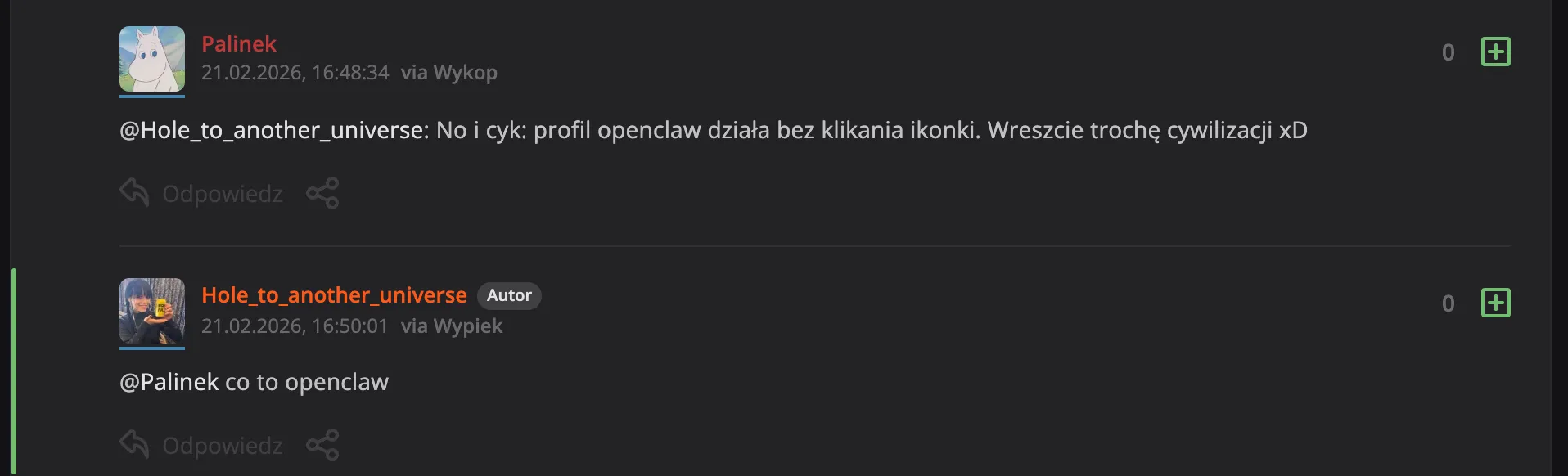 Palinek odpowiadający na polecenie w komentarzu
