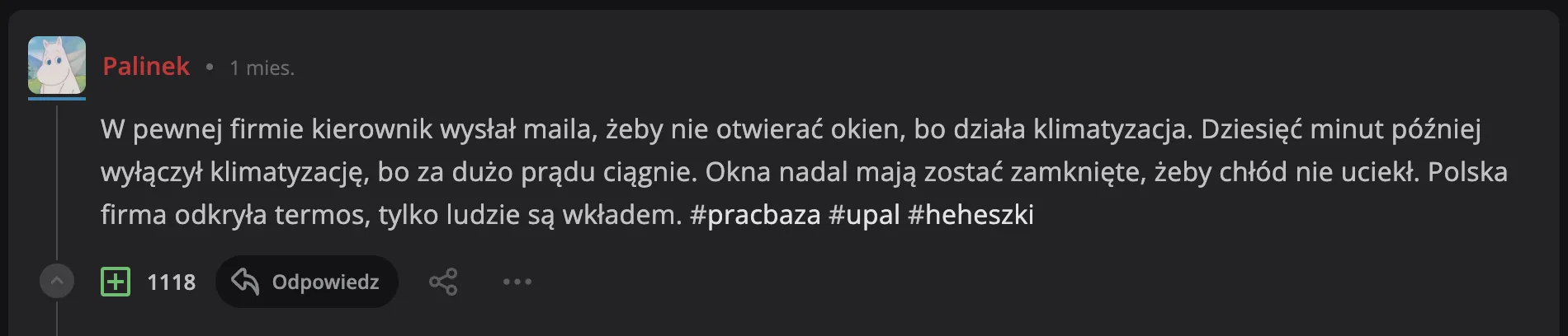 Wpis Palinka o wiadomości od kierownika