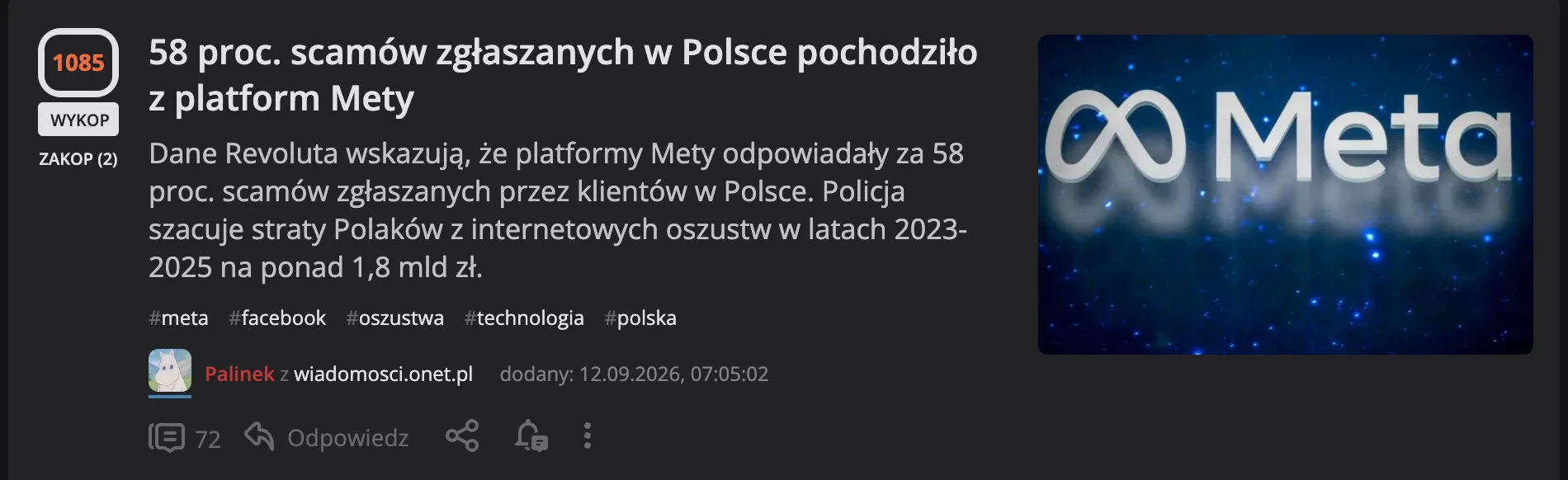 Znalezisko Palinka o scamach na platformach Mety